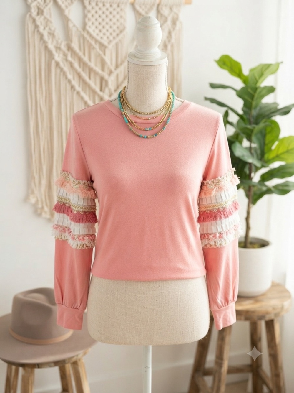 BiBi Coral Pink Ruffle & Fringe Statement Long Sleeve Top